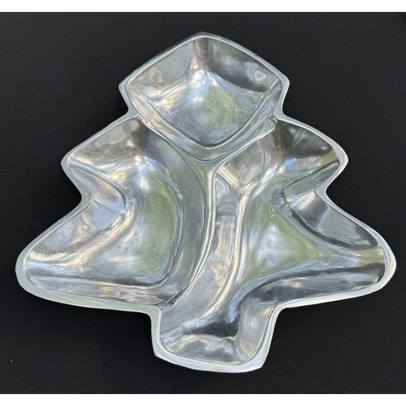 8" x 11" Polished Pewter Christmas Tree Compartment Serving Dish India IHI -S53 - Picture 2 of 8